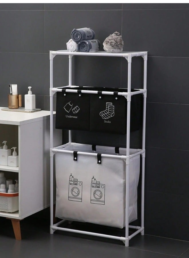 Multi-Functional Laundry Basket Organizer with Wheels – 3-Section Laundry Sorter with Labels for Underwear, Socks & Washing, Sturdy Metal Frame, Space-Saving Design - Image 1
