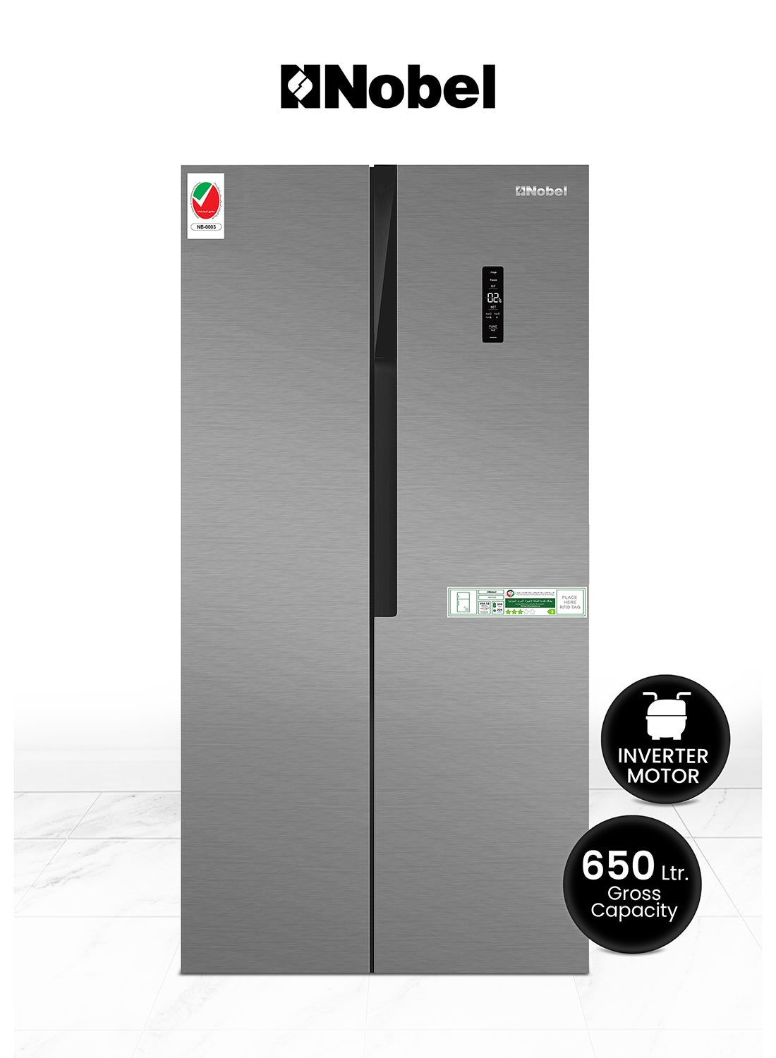 ثلاجة جانبية سعة 650 L إجمالي / 512 L صافي، شاشة LED على الباب، غاز تبريد R600a، نظام تحكم إلكتروني، مكثف داخلي، حشوة قابلة للإزالة، قاعدة قابلة للتعديل، نظام تبريد فعال 518 L NR700D فضي