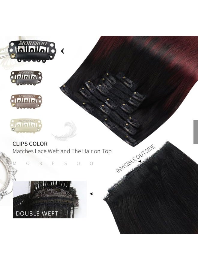 Moresoo إضافات شعر قابلة للتثبيت أومبري من الأسود إلى النبيذ الأحمر شعر حقيقي إضافات شعر قابلة للتثبيت من الأسود إلى البرغندي بالياج مزدوجة الخيوط إضافات شعر قابلة للتثبيت شعر بشري 22 بوصة 7 قطع/120 غرام - Image 4