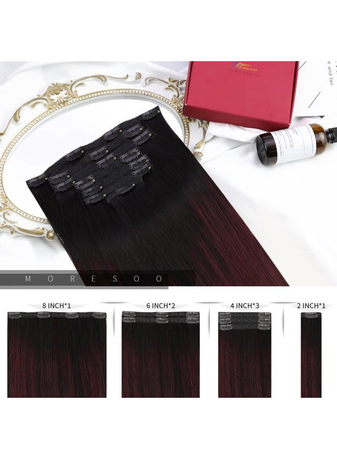Moresoo إضافات شعر قابلة للتثبيت أومبري من الأسود إلى النبيذ الأحمر شعر حقيقي إضافات شعر قابلة للتثبيت من الأسود إلى البرغندي بالياج مزدوجة الخيوط إضافات شعر قابلة للتثبيت شعر بشري 22 بوصة 7 قطع/120 غرام - Image 3