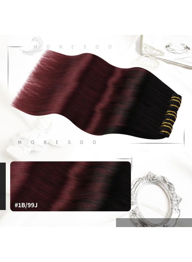 Moresoo إضافات شعر قابلة للتثبيت أومبري من الأسود إلى النبيذ الأحمر شعر حقيقي إضافات شعر قابلة للتثبيت من الأسود إلى البرغندي بالياج مزدوجة الخيوط إضافات شعر قابلة للتثبيت شعر بشري 22 بوصة 7 قطع/120 غرام - Image 2