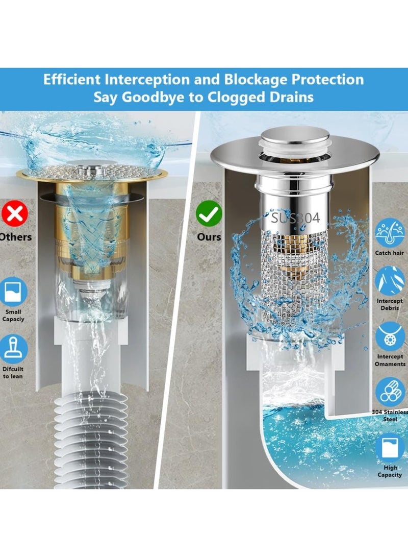 CMGTYYD 2 PCS Universal Sink Drain Strainer - Stainless Steel Push Type Filter with Basket for Kitchen Bathroom Wash Basin - 32-40mm Drain Hole Cover - Image 3