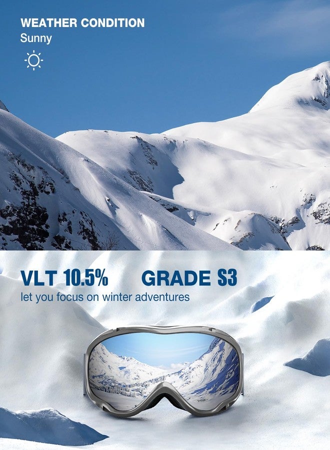 ZIONOR Lagopus Ski Snowboard Goggles UV Protection Anti fog Snow Goggles for Men Women Adult Youth VLT 8.6% Grey Frame Silver Lens - Image 2