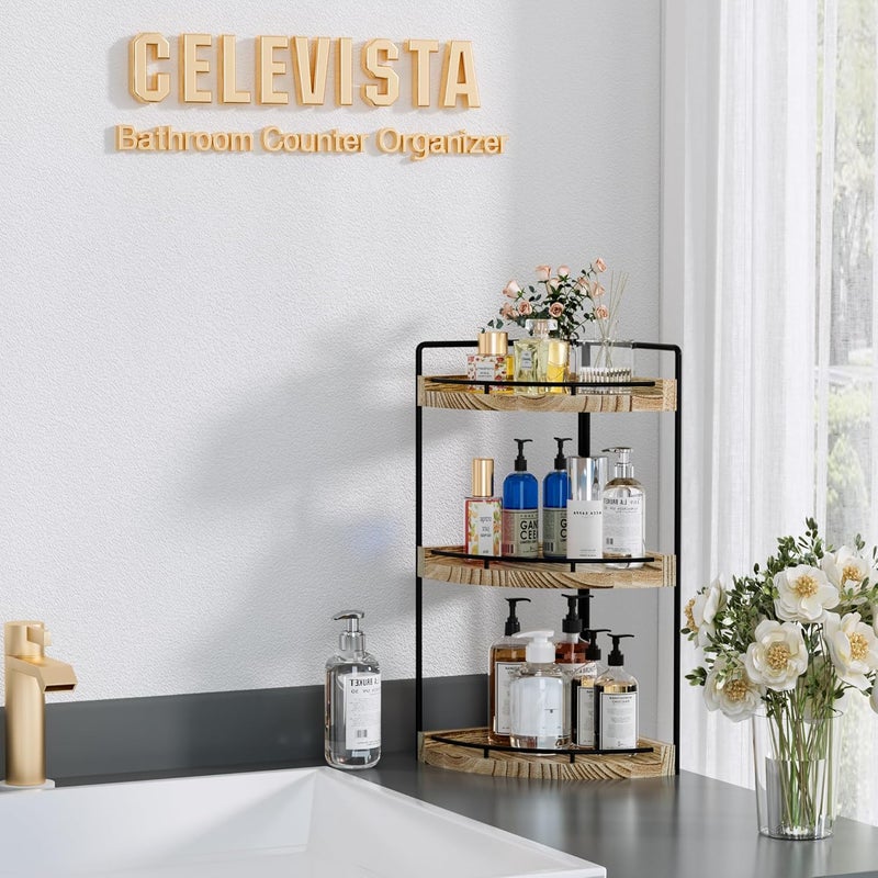 CeleVista Corner Bathroom Counter Organizer, 3 Tier Bathroom Storage Countertop for Skincare, Sink Shelf for Kitchen Decor, Vanity, Dresser, Makeup, Gift(Rustic Brown) - Image 2