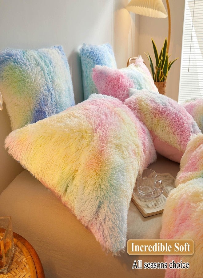 XeGe Rainbow Faux Fur Fluffy Throw Pillow Cases, Plush Shaggy Soft Furry Pillowcases, Tie Dye Velvet Fuzzy Decorative Pillow Covers for Bed Couch Teen Girl Zipper Closure, Set of 2(Standard, Rainbow) - Image 5