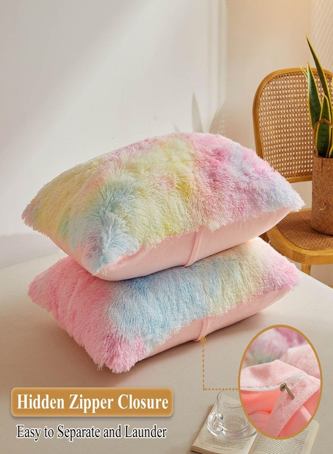 XeGe Rainbow Faux Fur Fluffy Throw Pillow Cases, Plush Shaggy Soft Furry Pillowcases, Tie Dye Velvet Fuzzy Decorative Pillow Covers for Bed Couch Teen Girl Zipper Closure, Set of 2(Standard, Rainbow) - Image 3