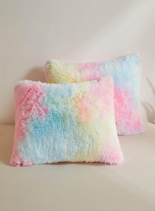 XeGe Rainbow Faux Fur Fluffy Throw Pillow Cases, Plush Shaggy Soft Furry Pillowcases, Tie Dye Velvet Fuzzy Decorative Pillow Covers for Bed Couch Teen Girl Zipper Closure, Set of 2(Standard, Rainbow) - Image 1
