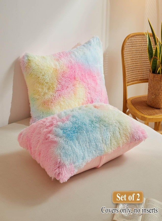 XeGe Rainbow Faux Fur Fluffy Throw Pillow Cases, Plush Shaggy Soft Furry Pillowcases, Tie Dye Velvet Fuzzy Decorative Pillow Covers for Bed Couch Teen Girl Zipper Closure, Set of 2(Standard, Rainbow) - Image 2