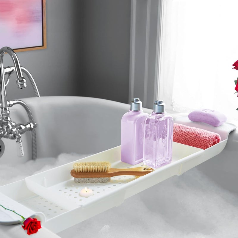 Made Smart Expandable Bath Tray for Bathtubs, Plastic Shower and Bath shelf caddy, white, Multifunctional bathtub bathroom organizer, Premiumwhite - Image 2