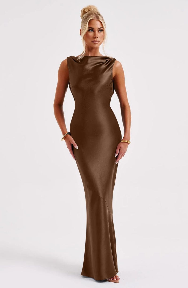 Memoriesea Women's Satin Elegant Sleeveless High Neck Tie Cocktail Party Maxi Dress Brown - Image 2