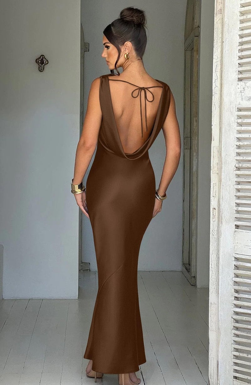 Memoriesea Women's Satin Elegant Sleeveless High Neck Tie Cocktail Party Maxi Dress Brown - Image 3