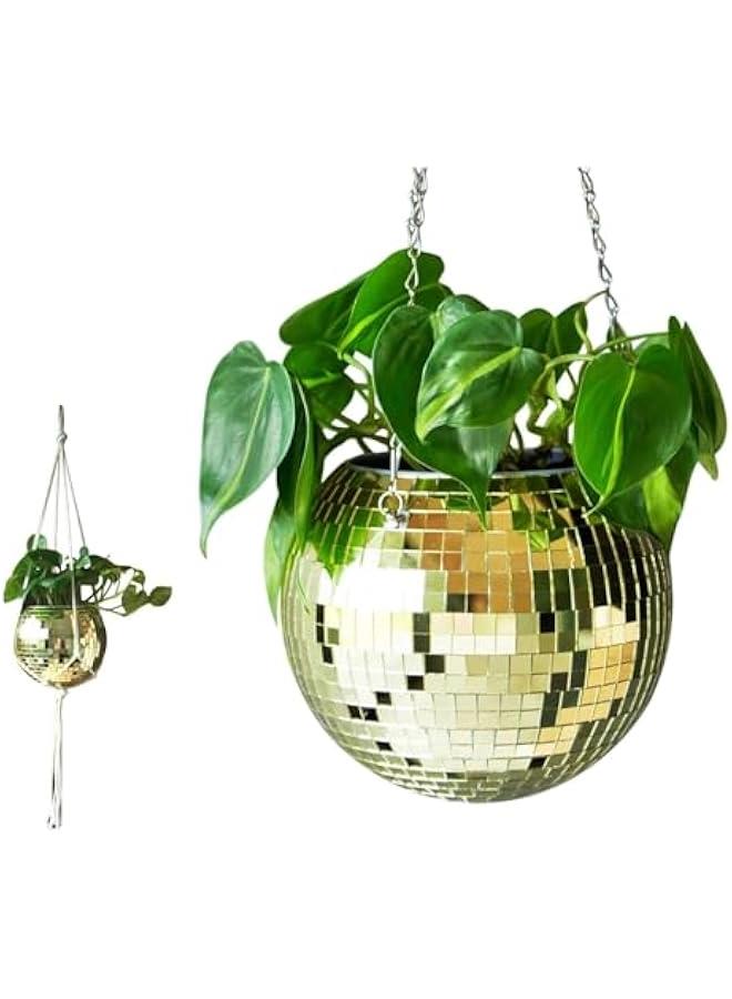 HOOKOR Disco Ball Planter – Disco Ball Plant Hanger, Mirror Disco Glitter Planter with Chain and Macrame Rope, Boho Hanging Planter | Disco Ball Decor (Gold)  - Image 1
