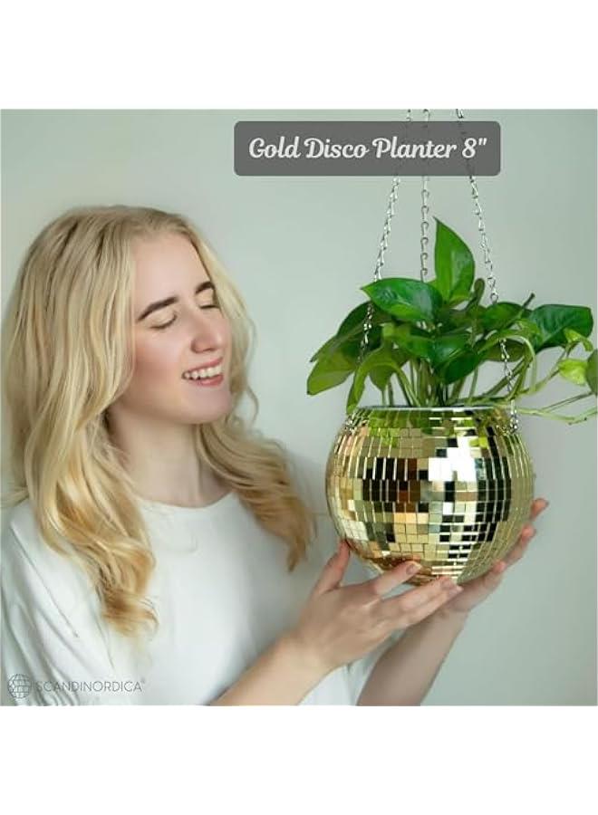 HOOKOR Disco Ball Planter – Disco Ball Plant Hanger, Mirror Disco Glitter Planter with Chain and Macrame Rope, Boho Hanging Planter | Disco Ball Decor (Gold)  - Image 2