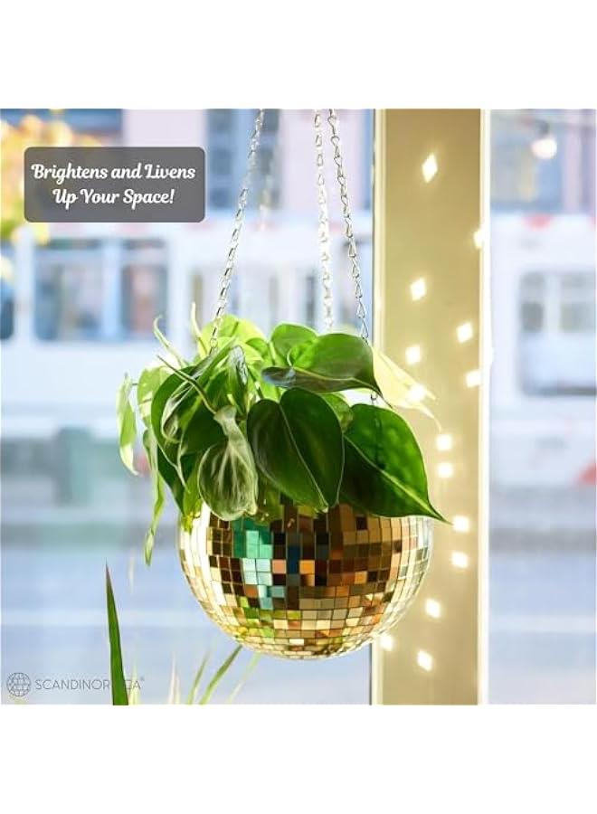 HOOKOR Disco Ball Planter – Disco Ball Plant Hanger, Mirror Disco Glitter Planter with Chain and Macrame Rope, Boho Hanging Planter | Disco Ball Decor (Gold)  - Image 4