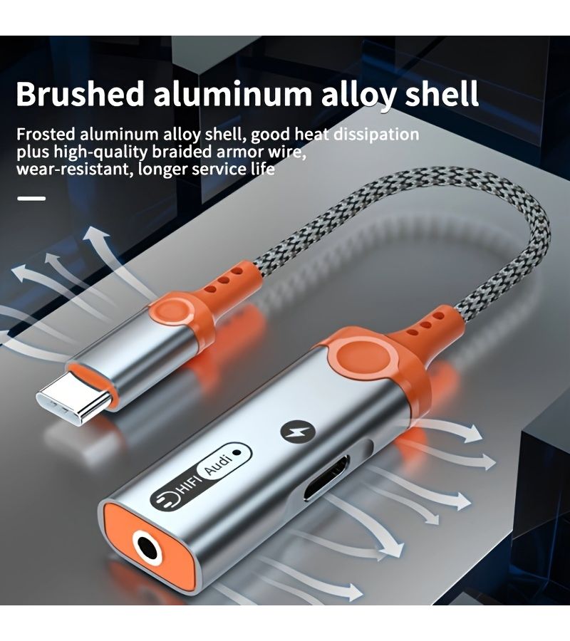 Orange Type C to 3.5mm Adapter DAC Chip PD 60W Fast Charging Lossless Audio - Image 2