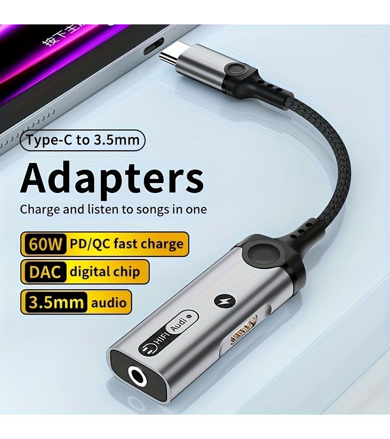 Orange Type C to 3.5mm Adapter DAC Chip PD 60W Fast Charging Lossless Audio - Image 4