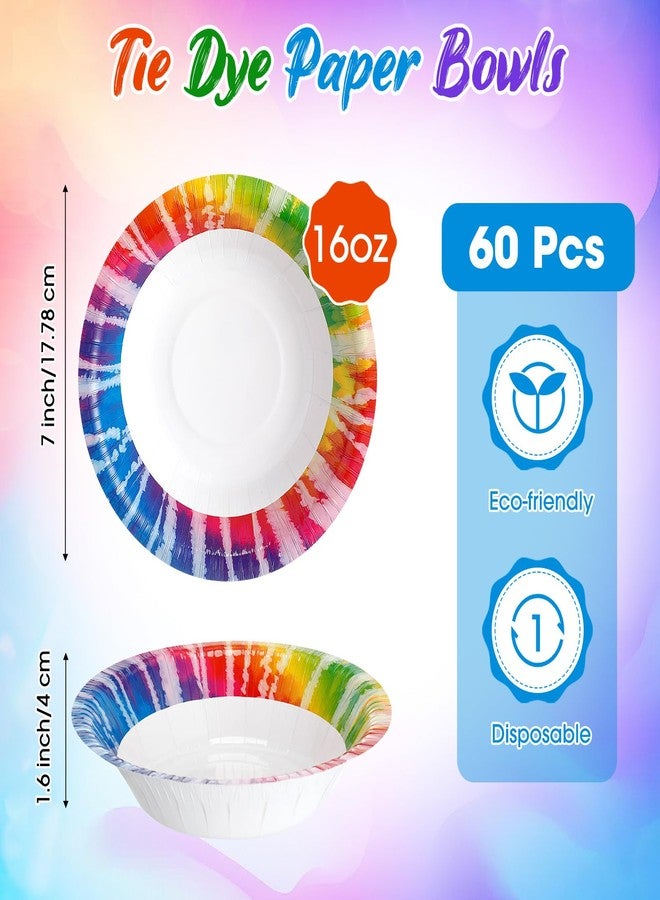 FillTouch 60 Pcs Tie Dye Paper Bowls Bulk 16 oz Party Supplies Disposable Paper Soup Bowls 7 Inches for Hot Cold Food Snack Milk Cereals Salads Dinner Birthday Rainbow Decorations - Image 2