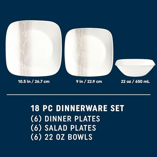 Corelle Vitrelle 18 Piece Glass Dinnerware Sets Rectangular Square Plate and Bowl Set Service for 6, Triple Layer Chip & Crack Resistant Glass Plate and Bowl Sets, Wandering Grove - Image 2