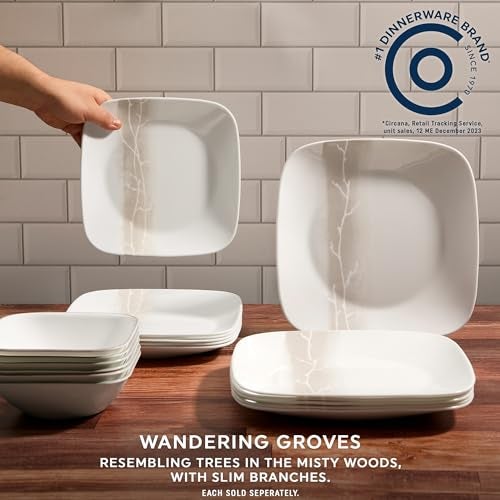 Corelle Vitrelle 18 Piece Glass Dinnerware Sets Rectangular Square Plate and Bowl Set Service for 6, Triple Layer Chip & Crack Resistant Glass Plate and Bowl Sets, Wandering Grove - Image 4