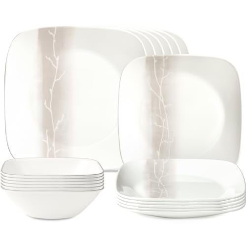 Corelle Vitrelle 18 Piece Glass Dinnerware Sets Rectangular Square Plate and Bowl Set Service for 6, Triple Layer Chip & Crack Resistant Glass Plate and Bowl Sets, Wandering Grove - Image 1