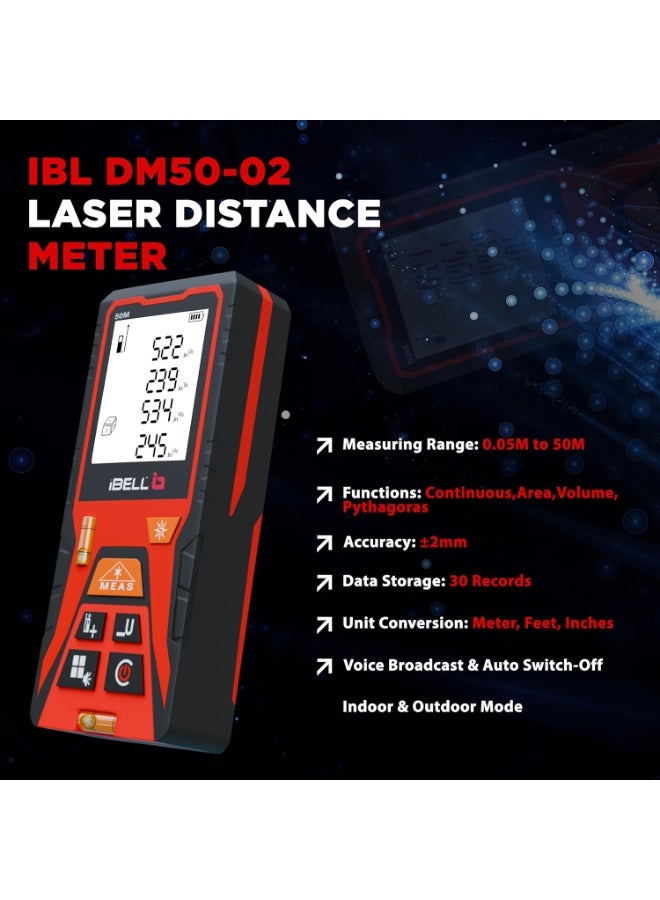 iBELL Laser Distance Meter 50M |Indoor & Outdoor |Max/Min,Continuous, Area, Volume, Pythagoras |Unit Conversion |30 Data Records |Voice |Auto Off |Battery Included |Home & Professional - Image 2