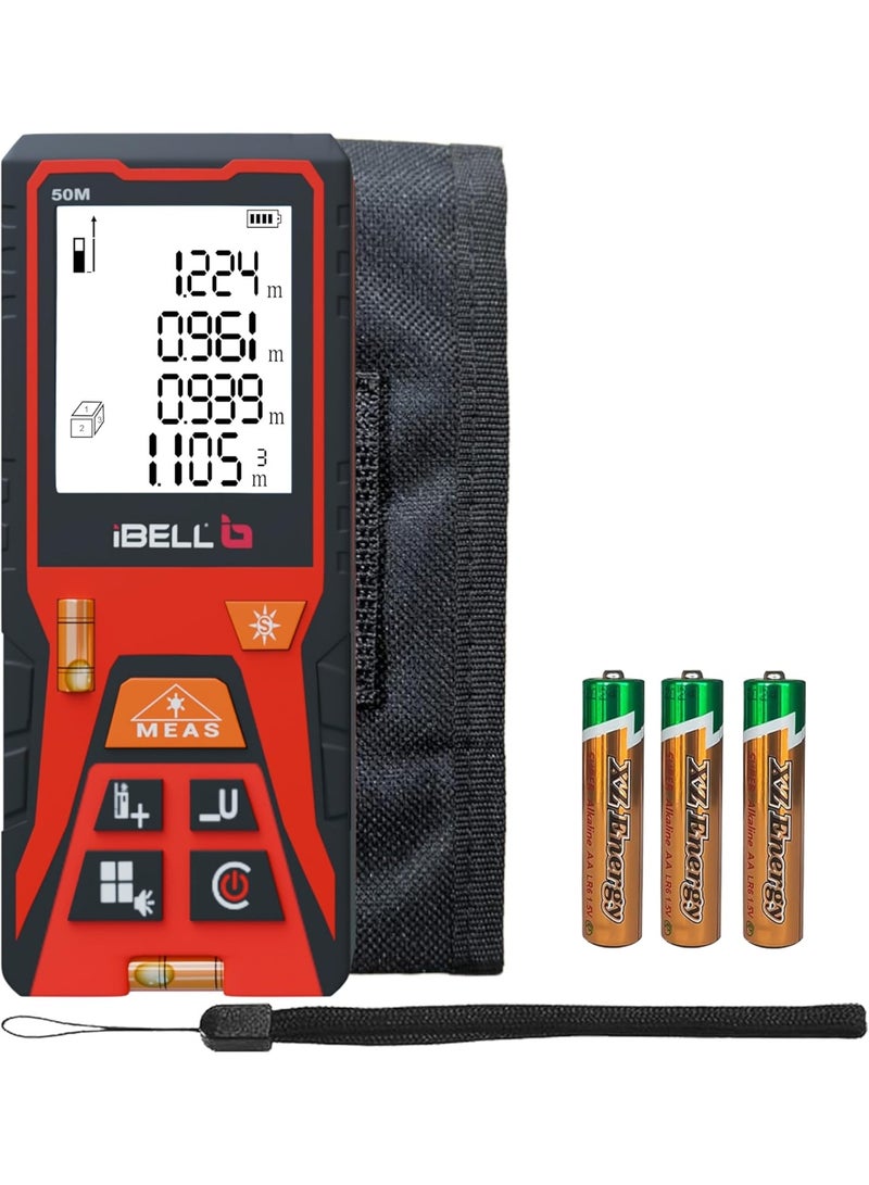 iBELL Laser Distance Meter 50M |Indoor & Outdoor |Max/Min,Continuous, Area, Volume, Pythagoras |Unit Conversion |30 Data Records |Voice |Auto Off |Battery Included |Home & Professional - Image 1