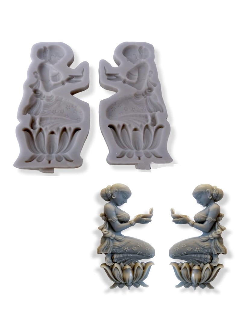 CRAFTIAL CURVE CRAFTIAL CURVE APX Two Welcome Lady Lotus Sitting Girl with deep Diya Oil lamp Pattern Frame Silicone Mold Decorative Home Clay Wax Resin Art and Craft Silicone Mold  - Image 5