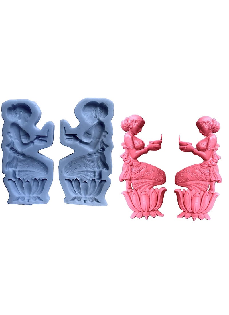 CRAFTIAL CURVE CRAFTIAL CURVE APX Two Welcome Lady Lotus Sitting Girl with deep Diya Oil lamp Pattern Frame Silicone Mold Decorative Home Clay Wax Resin Art and Craft Silicone Mold  - Image 1