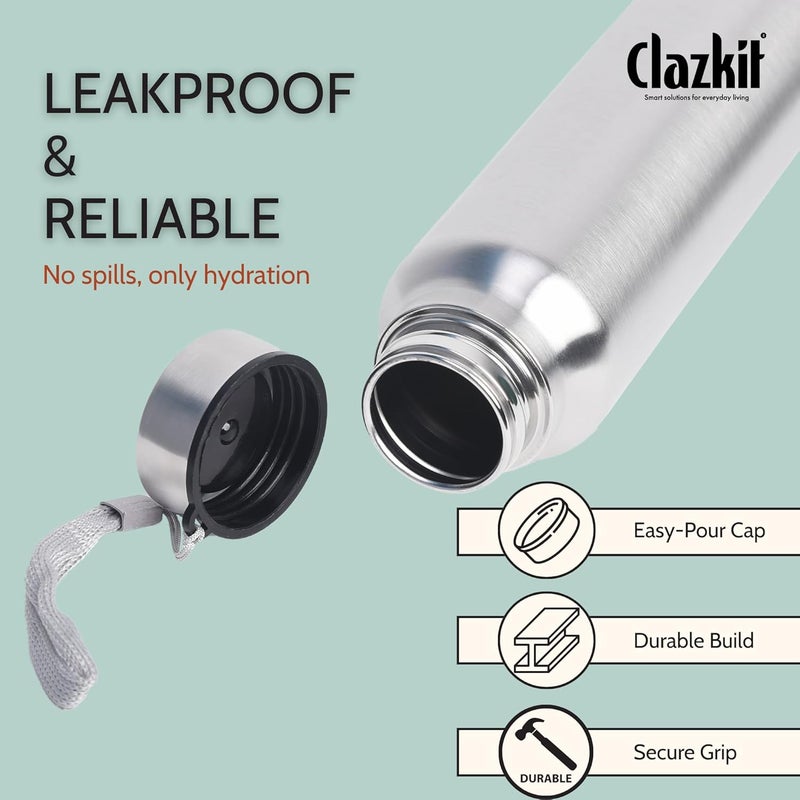Clazkit Stainless Steel Water Bottle, 1000 ml - Single-Walled, Spill-Proof, Food Grade Steel | Fridge, Office, School, Travel, Gym, Car (Silver) - Image 3