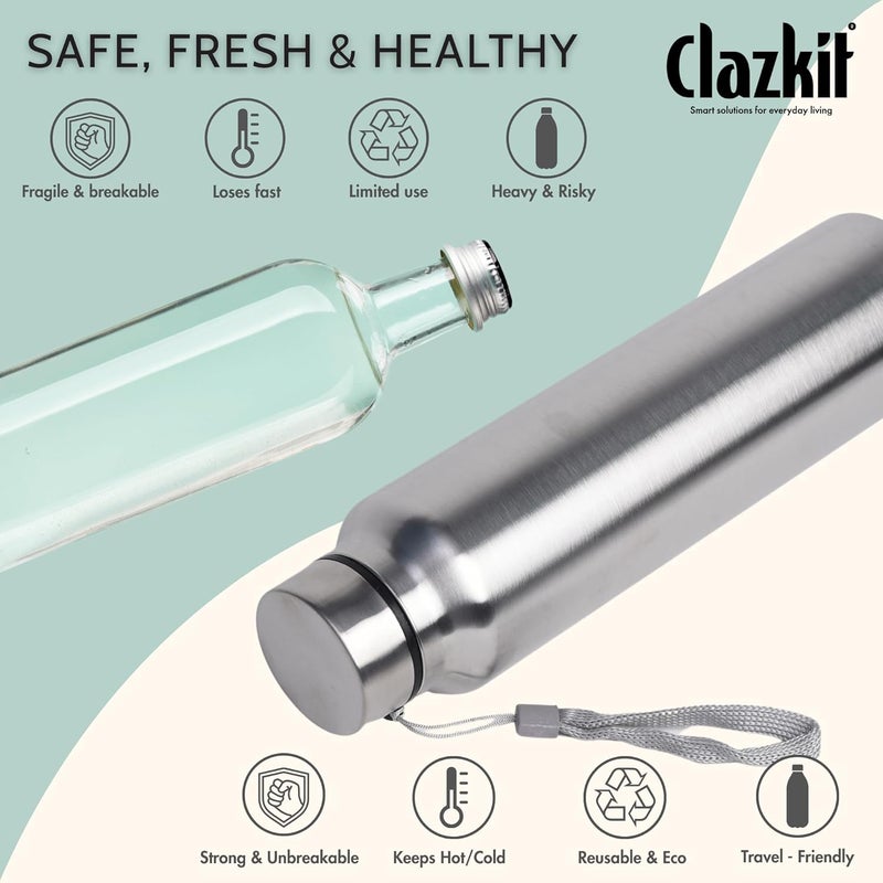 Clazkit Stainless Steel Water Bottle, 1000 ml - Single-Walled, Spill-Proof, Food Grade Steel | Fridge, Office, School, Travel, Gym, Car (Silver) - Image 5
