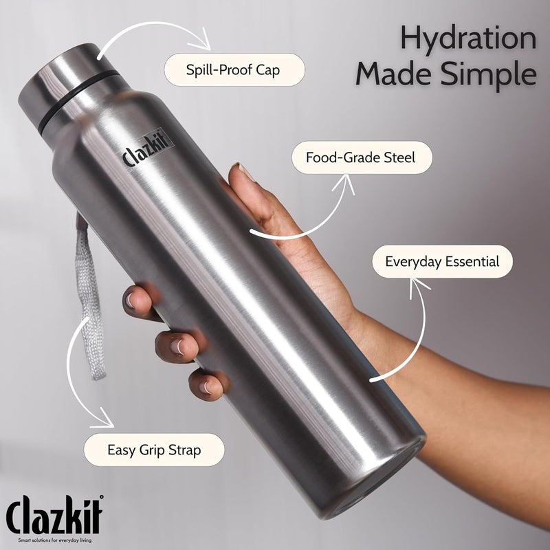Clazkit Stainless Steel Water Bottle, 1000 ml - Single-Walled, Spill-Proof, Food Grade Steel | Fridge, Office, School, Travel, Gym, Car (Silver) - Image 2