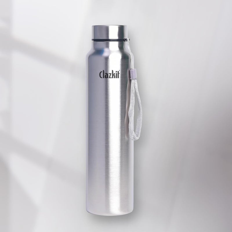 Clazkit Stainless Steel Water Bottle, 1000 ml - Single-Walled, Spill-Proof, Food Grade Steel | Fridge, Office, School, Travel, Gym, Car (Silver) - Image 1