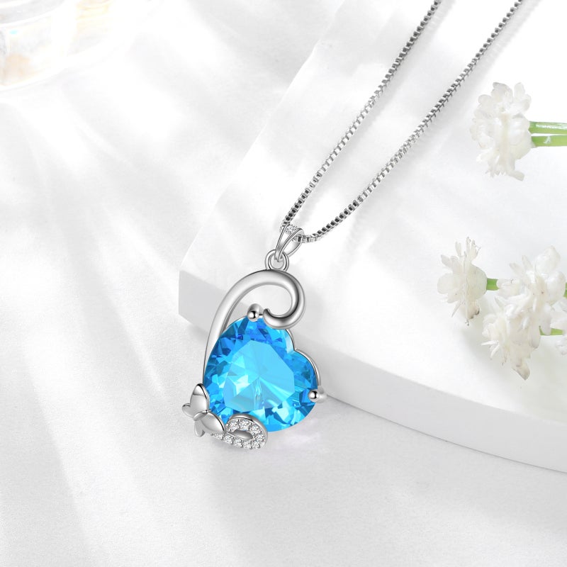 Juwaliy March Birthstone Necklace Butterfly Heart Pendant Blue Aquamarine Jewelry 925 Sterling Silver Women Mother Birthday Valentine's Day Gift - Image 3
