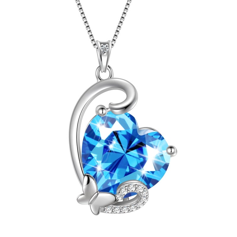Juwaliy March Birthstone Necklace Butterfly Heart Pendant Blue Aquamarine Jewelry 925 Sterling Silver Women Mother Birthday Valentine's Day Gift - Image 1