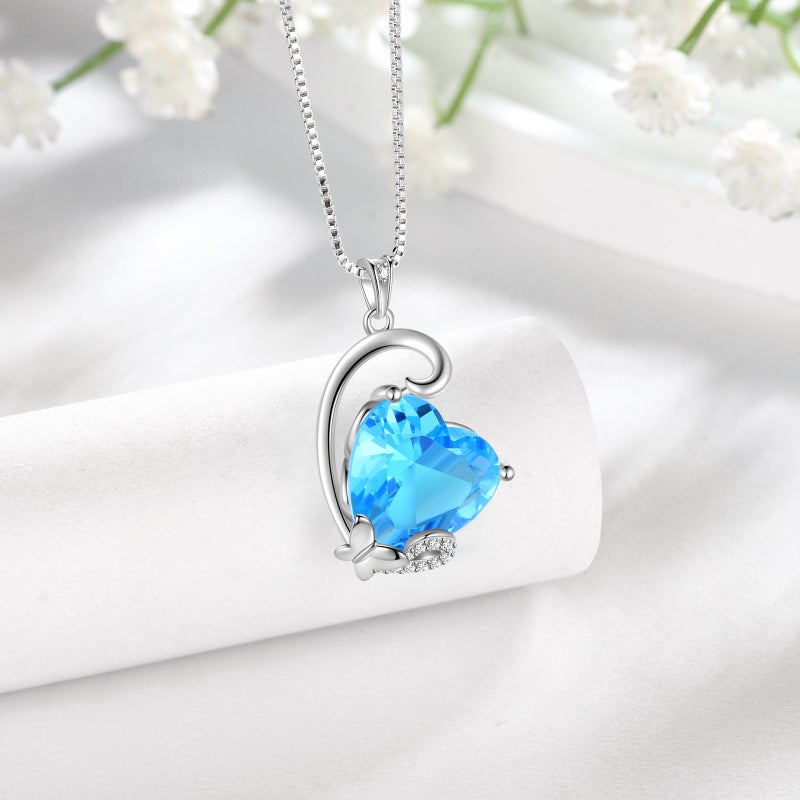 Juwaliy March Birthstone Necklace Butterfly Heart Pendant Blue Aquamarine Jewelry 925 Sterling Silver Women Mother Birthday Valentine's Day Gift - Image 2