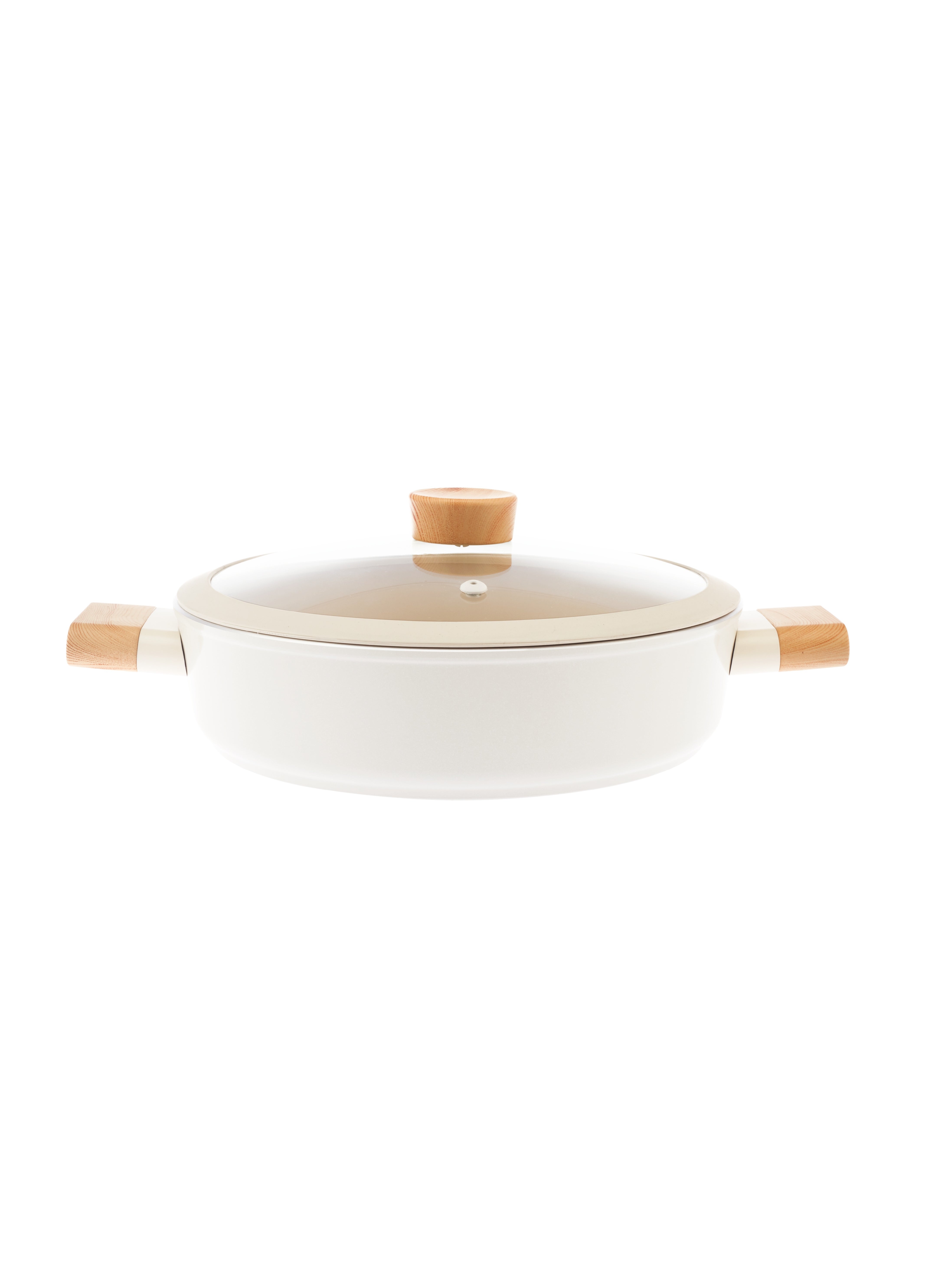 Homemaker Swiss Crystal High Quality Ceramic Coating Non-Stick Low Casserole - 24cm- Glass Lid With Protective Silicon Edge - Natural Wood Handles and Knob - Beige 