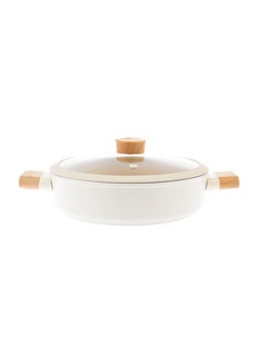 Homemaker Swiss Crystal High Quality Ceramic Coating Non-Stick Low Casserole - 24cm- Glass Lid With Protective Silicon Edge - Natural Wood Handles and Knob - Beige  - Image 1