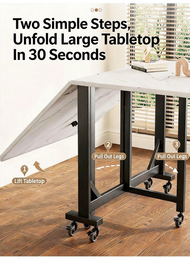 120CM Foldable Dining Table With Lockable Universal Wheels, Space Saving Easy Moving Household Dinner Table, Stable Anti-Wobble Table for Dining Room Living Room Small Family Use - Image 4