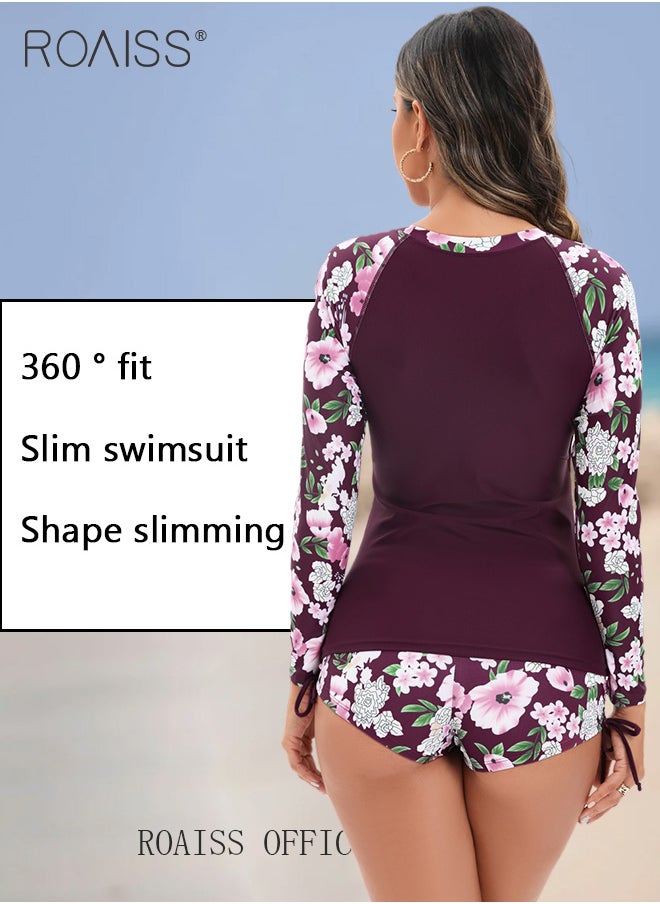 roaiss Women One Piece Swimsuit with Side Tie Boxer Shorts One Piece Beach Suit Women Long Sleeved Sun Protection Surfing Wetsuit  - Image 4