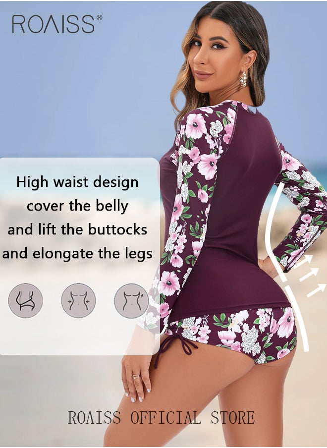 roaiss Women One Piece Swimsuit with Side Tie Boxer Shorts One Piece Beach Suit Women Long Sleeved Sun Protection Surfing Wetsuit  - Image 1