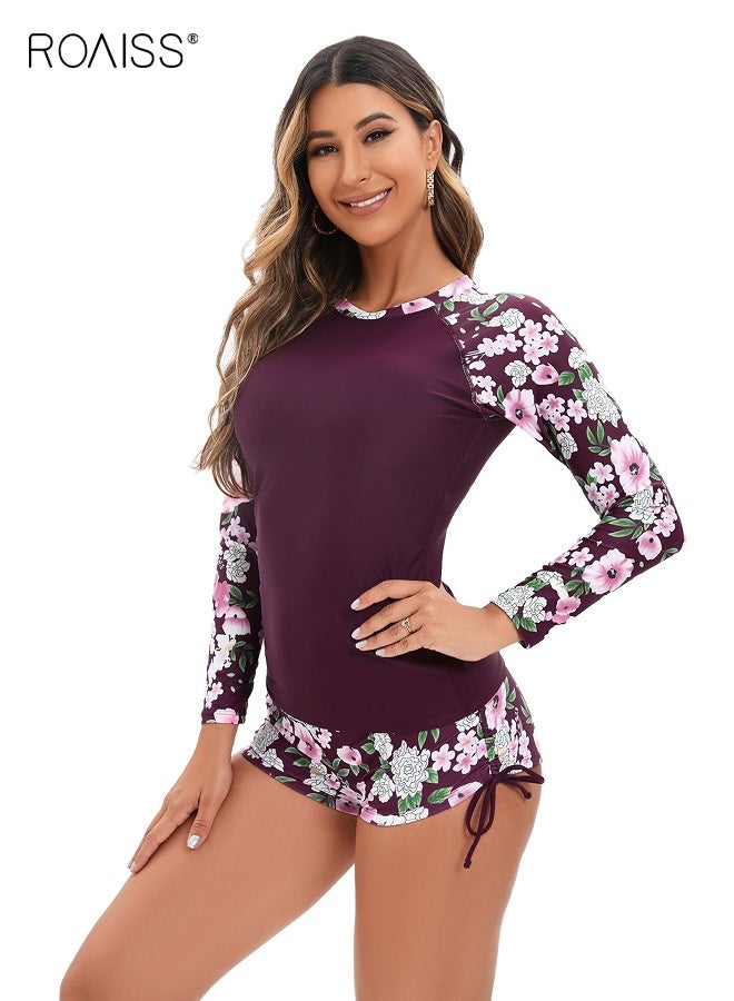 roaiss 2PCS Swimsuit for Women, Stylish Beachwear with Chest Pads, Women Sun Protection Surfing Wetsuit with Round Neck Top and Floral Shorts, Suitable for All Body Types, Great Choice for Swimming, Sunbathing, Hot Baths and Beach Walks - Image 1