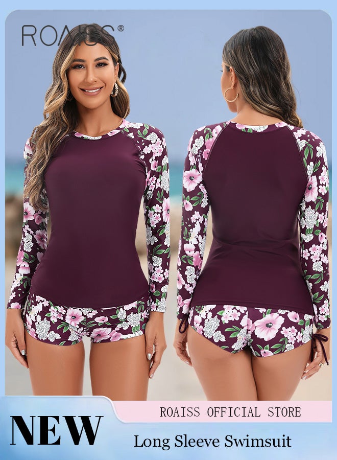roaiss 2PCS Swimsuit for Women, Stylish Beachwear with Chest Pads, Women Sun Protection Surfing Wetsuit with Round Neck Top and Floral Shorts, Suitable for All Body Types, Great Choice for Swimming, Sunbathing, Hot Baths and Beach Walks - Image 5
