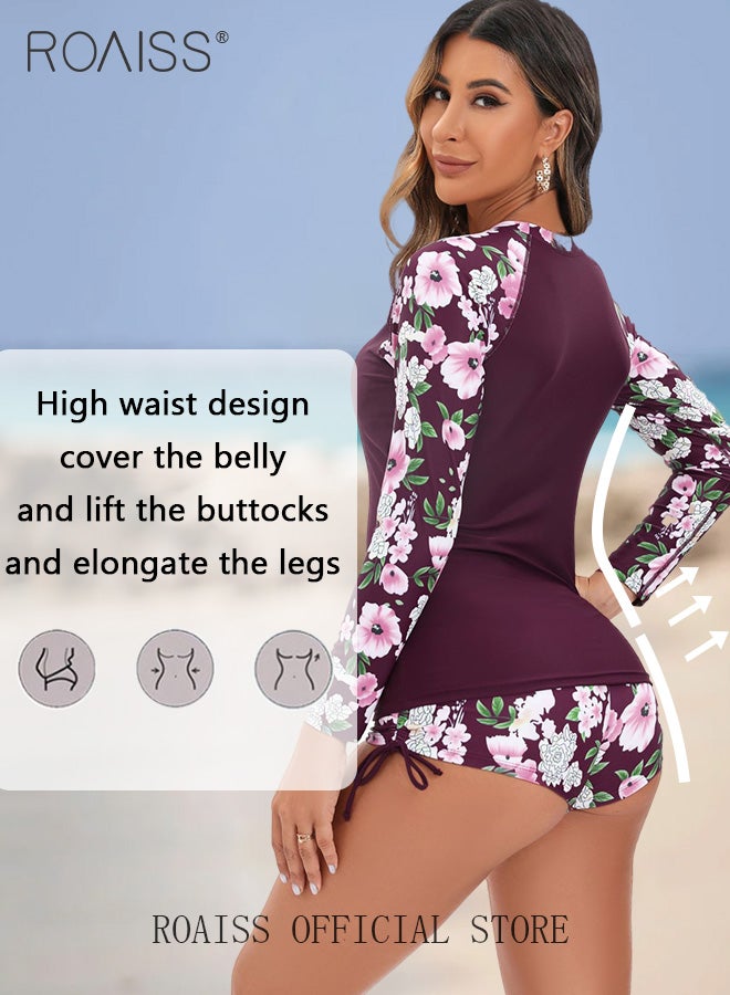 roaiss 2PCS Swimsuit for Women, Stylish Beachwear with Chest Pads, Women Sun Protection Surfing Wetsuit with Round Neck Top and Floral Shorts, Suitable for All Body Types, Great Choice for Swimming, Sunbathing, Hot Baths and Beach Walks - Image 4