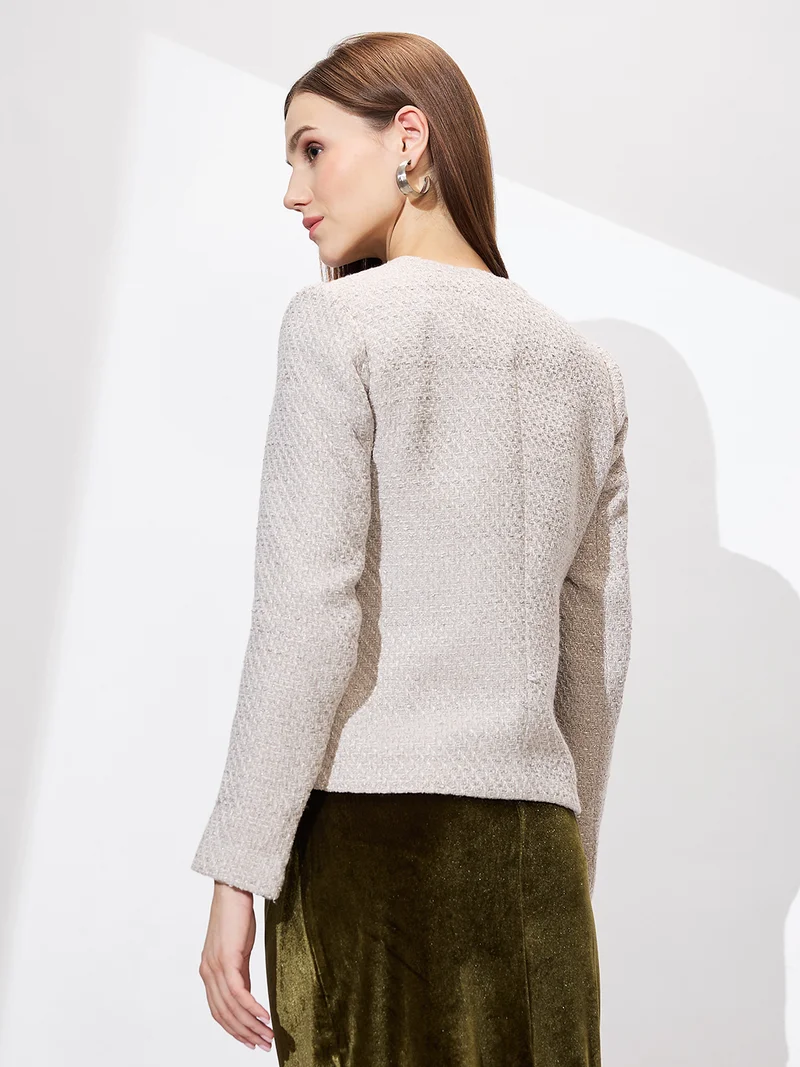 جلو باص Women Round Neck Long Sleeves Self Design Tailored Fit Shiny Winter Overcoat