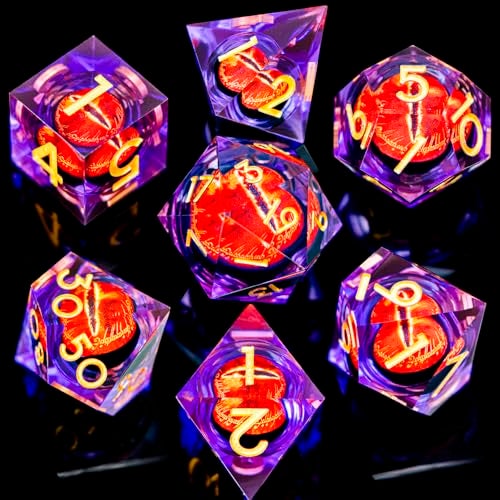 ARUOHHA DND Resin Dice Gazes Eye Dice Purple Gold Liquid Core Flaming RPG Sharp Edged Dice Set with Gift Box Polyhedral D and D Dice Set Compatible with Dungeons Dragons Role Playing Game D20 D6 - Image 5