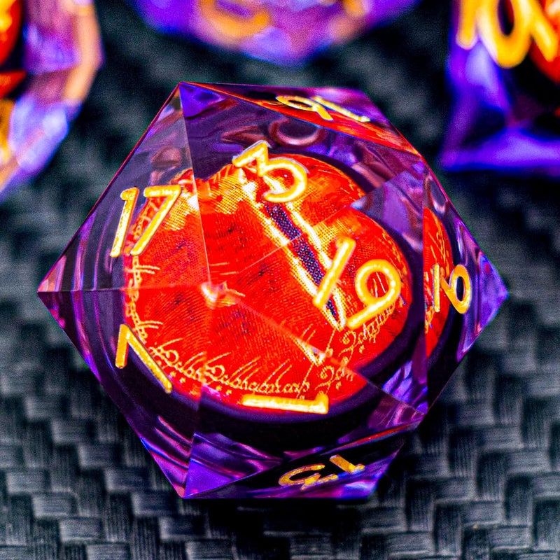 ARUOHHA DND Resin Dice Gazes Eye Dice Purple Gold Liquid Core Flaming RPG Sharp Edged Dice Set with Gift Box Polyhedral D and D Dice Set Compatible with Dungeons Dragons Role Playing Game D20 D6 - Image 3