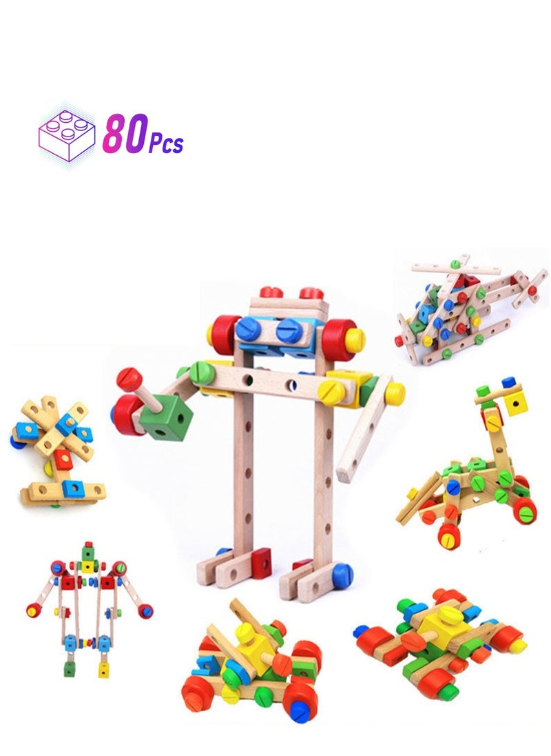LOOPITYS 80 pieces of children's wooden building blocks - educational building kits and building toys, wooden development and learning tool toys, toys that both boys and girls love  - Image 1