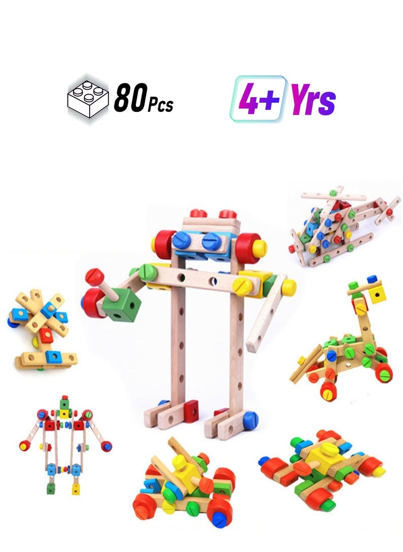 LOOPITYS 80 pieces of children's wooden building blocks - educational building kits and building toys, wooden development and learning tool toys, toys that both boys and girls love  - Image 1