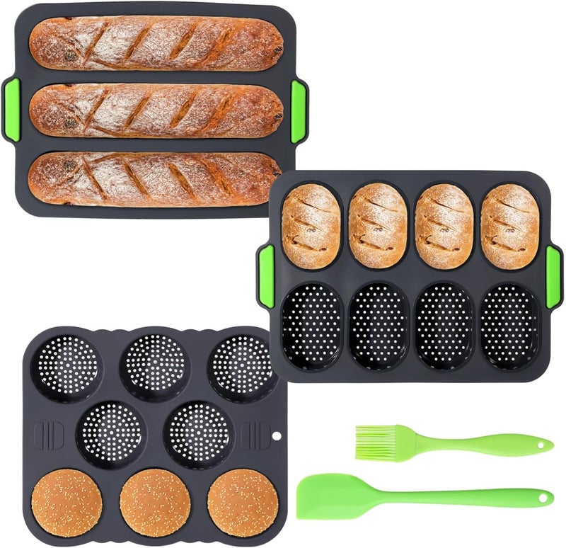 5 Pieces Silicone Baking Molds Set for French Bread, Includes 3-Grid Loaf Pan, 8-Grid Bun Pan, Non-Stick Tools with Scraper and Oil Brush for Home Bakery - Image 1