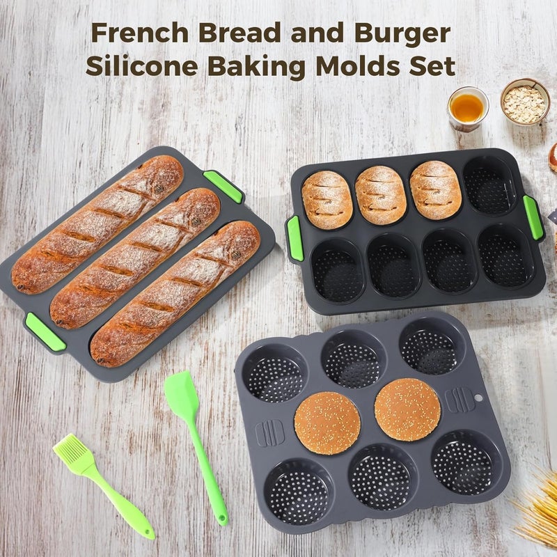 5 Pieces Silicone Baking Molds Set for French Bread, Includes 3-Grid Loaf Pan, 8-Grid Bun Pan, Non-Stick Tools with Scraper and Oil Brush for Home Bakery - Image 3